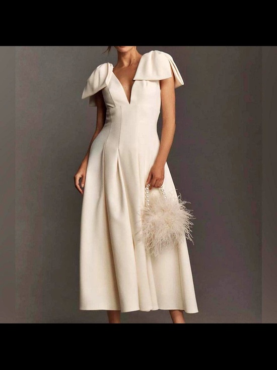 Mac Duggal Dresses & Skirts - Mac Duggal Cream Midi Dress with Sculpted Cap Sleeves
